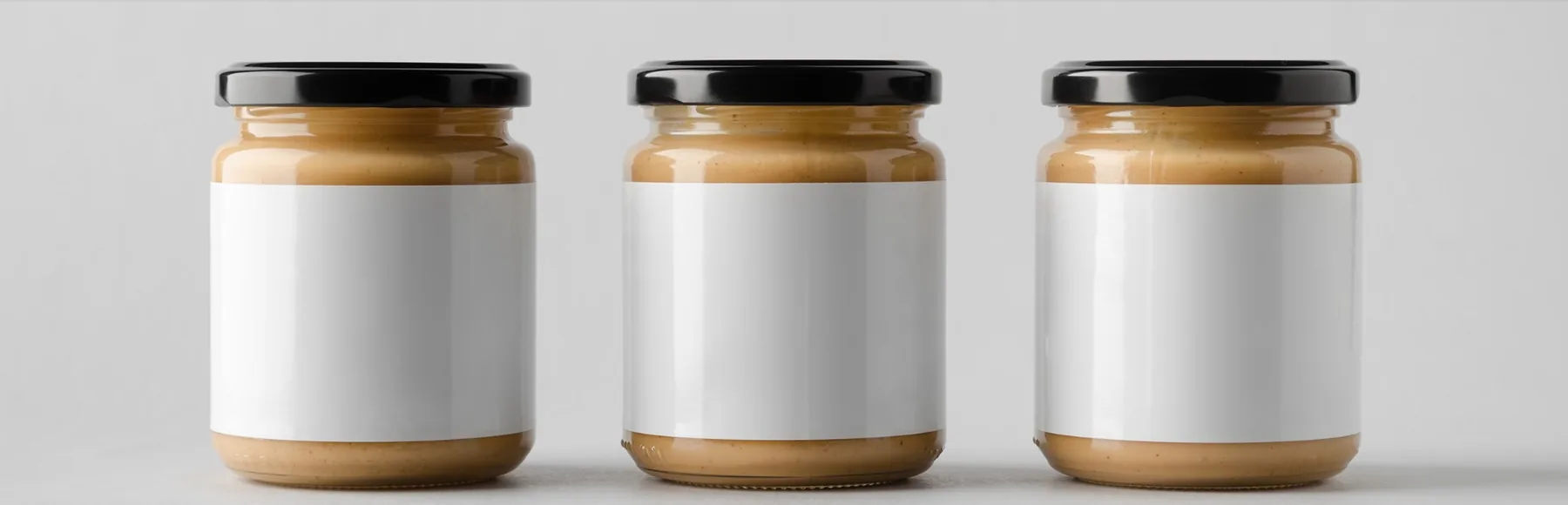 Three unbranded glass jars of nut spread with blank white labels